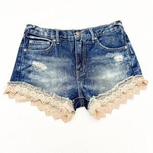 Free People Lace Hem Dark Wash Denim Jean Cutoff Shorts Size 24